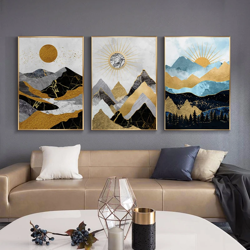 (No frame)Póster e impresión abstracta nórdica, arte de pared de montaña y amanecer, Mural, pintura en lienzo natural, imágen