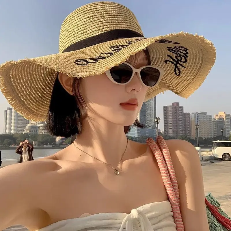 

2025 Women's "Hello Sunshine" Embroidered Raffia Straw Hat - Wide Brim Black Ribbon Beach Summer Outdoor Photography