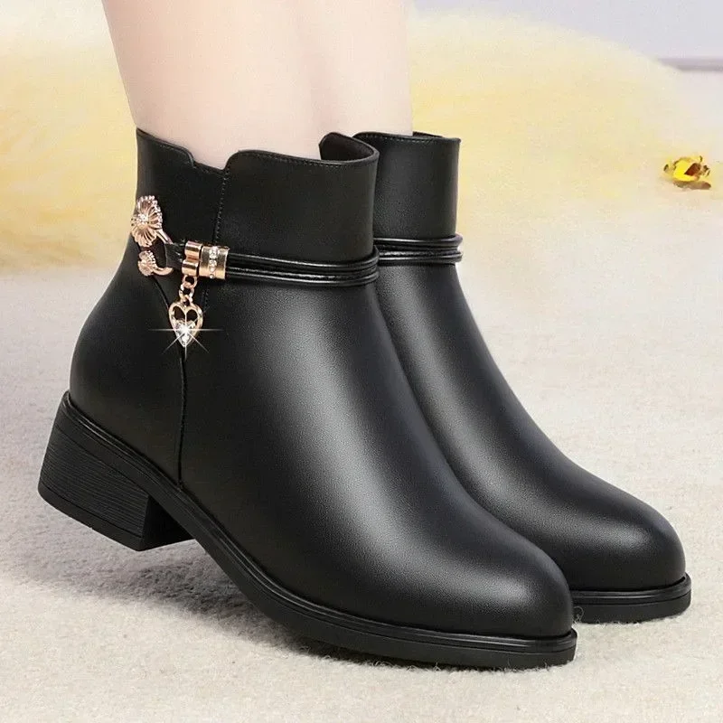 Winter Boots Women's Waterproof Warm Leather Mother Cotton Boots Fashion Black Mid heel Plush Snow Boots Soft Sole Short Boot image 3