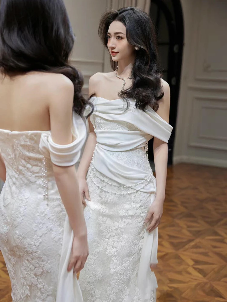 

Элегантное белое кружевное свадебное платье из легкого атласа, простое свадебное платье с дизайном «рыбий хвост», на молнии, со средней талией, для отелей и мероприятий
