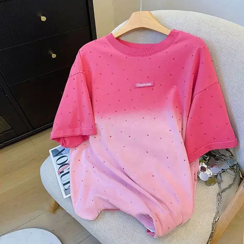 

100% Cotton American Hiphop Retro Heavy Industry Hot Diamond Short-sleeved T-shirt Women's Gradual Change Summer New Loose Top