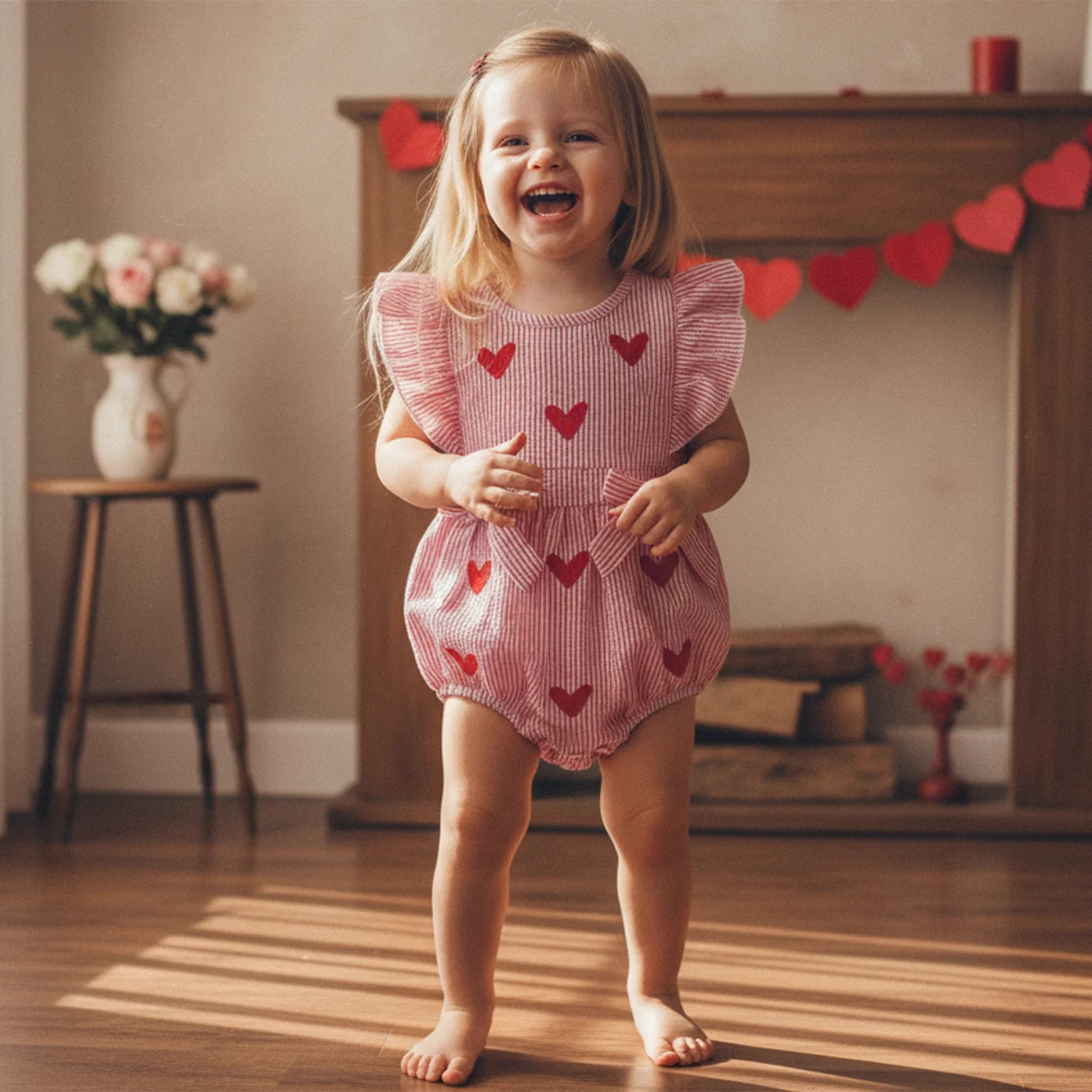

Infant Baby Girl Valentine's Bodysuits Flying Sleeve Crew Neck Heart Embroidery Striped Print Jumpsuit Outfits