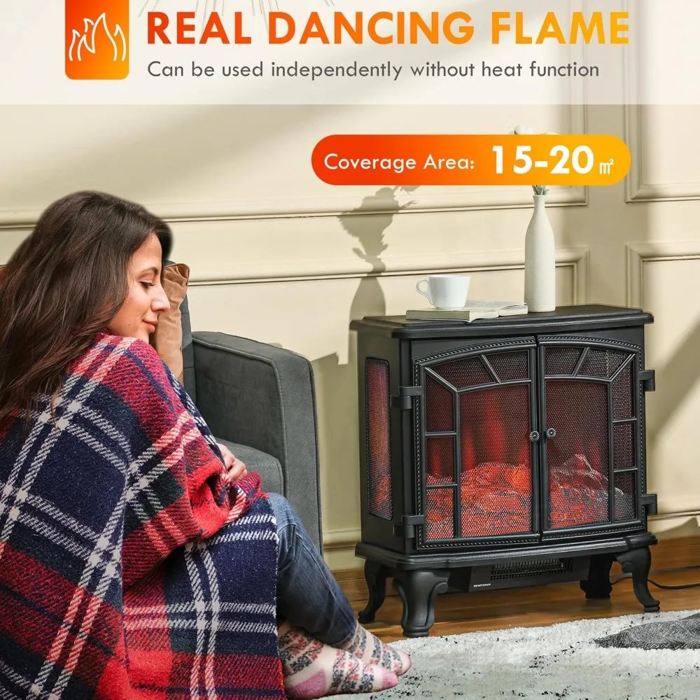 HOMCOM 27 Electric Fireplace Heater, Fireplace Stove with Realistic LED Flames and Logs, Remote Control and Overheating Protecti