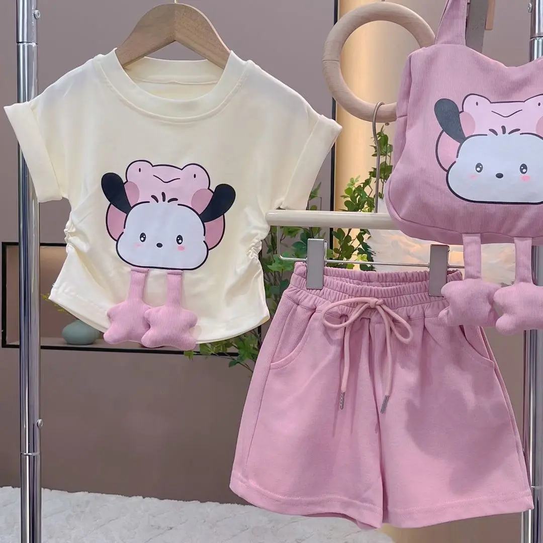 

Girls Set Summer 2024 New Korean Cotton Short Sleeved T-shirt Fashion Childrens Cartoon Cute Two Piece Set