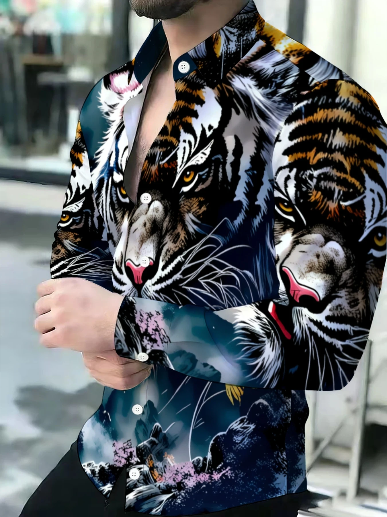 Men Long Sleeve Button Down Shirt Fierce Tiger Mountain Cherry Blossom Print Polyester Stand Collar Street Party