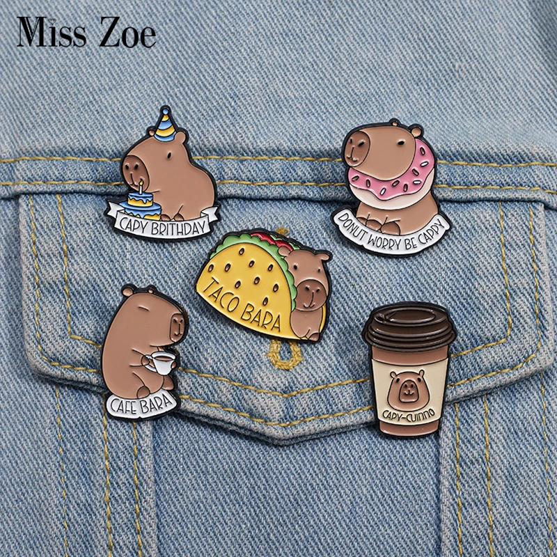 Cute Capybara Enamel Pins Custom DONUT WORRY BE CAPPY Brooches Lapel Badges Cartoon Animal Jewelry Gift for Kids Friends