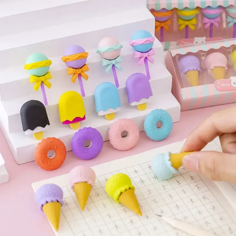 4pcs Cute Lollipop Ice Cream Shape Erasers Kawaii Stationery Cute Dessert Rubber Pencil Eraser for Kids School Office Supplies