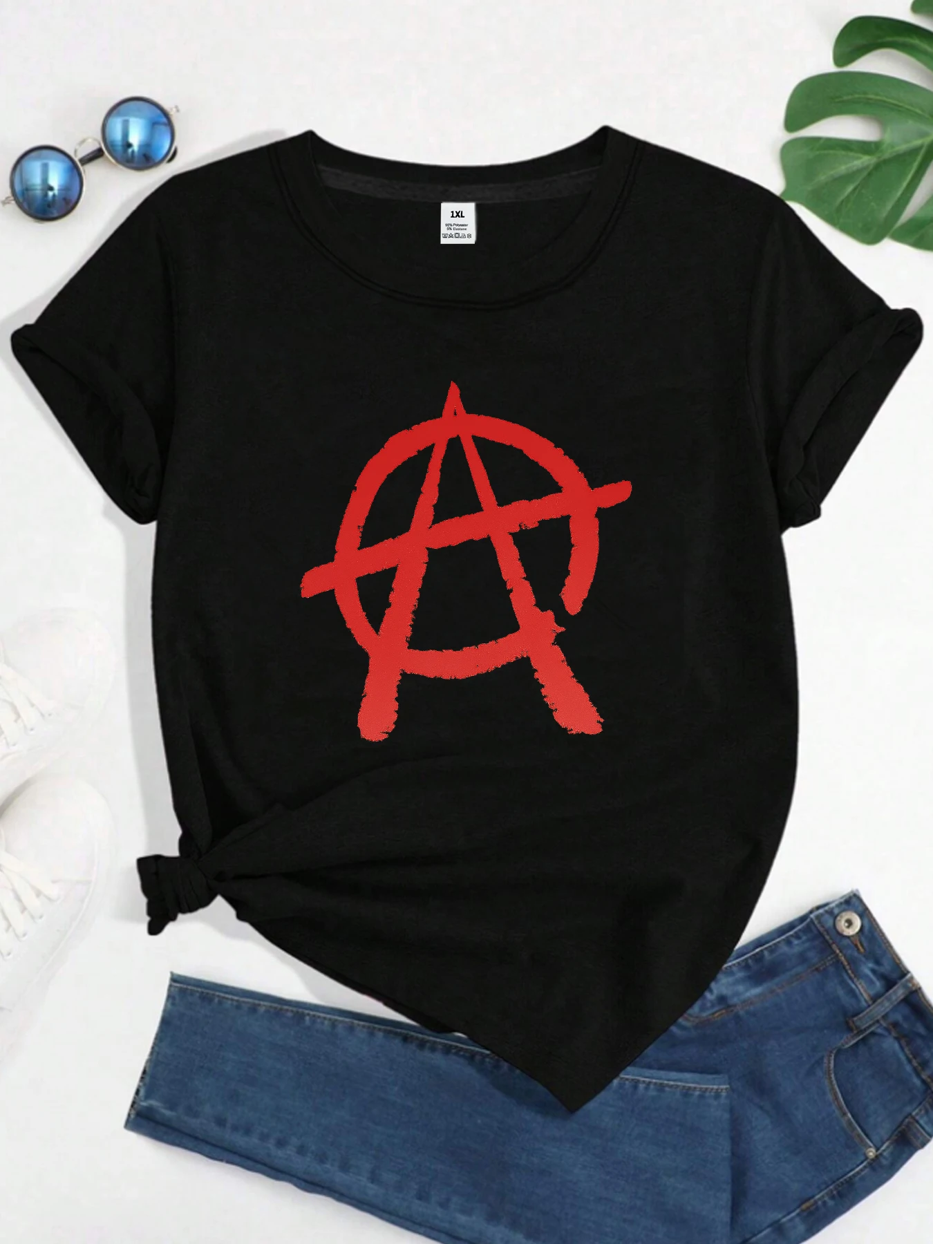 

【10112823】Geometric print plus size women's round neck T-shirt, summer casual short sleeved top fashionable and versatile