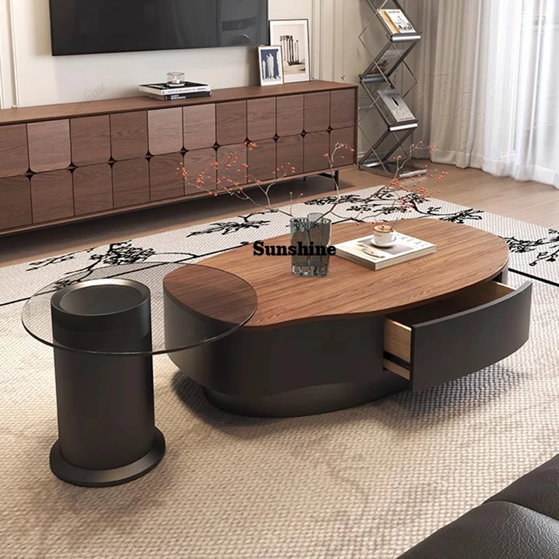 

Round Transparent Coffee Table Aesthetic Books Wood Unique Glass Side Table Drawers Living Room Meubles Lounge Suite Furniture