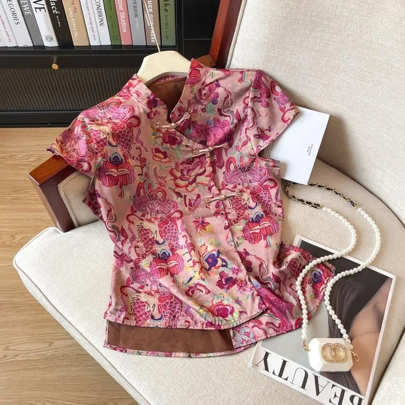 

Vintage Mandarin Collar Qipao Top Floral Print Chesongam Shirt New Chinese Style Tang Clothes Big Size 3Xl 4Xl Hanfu Blouse