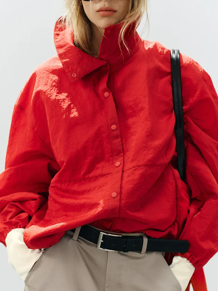 Elegant Red Long Sleeve Stand Collar Button up Outerwear New Fall 2026 Women's Fashion Sweet Atmosphere Quality Outerwear