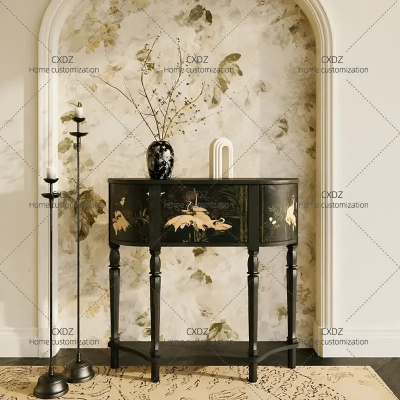 Medieval Solid Wood Art Porch Cabinet Semi Circular Crane Painted Locker Foyer Decorative Cabinet Customization