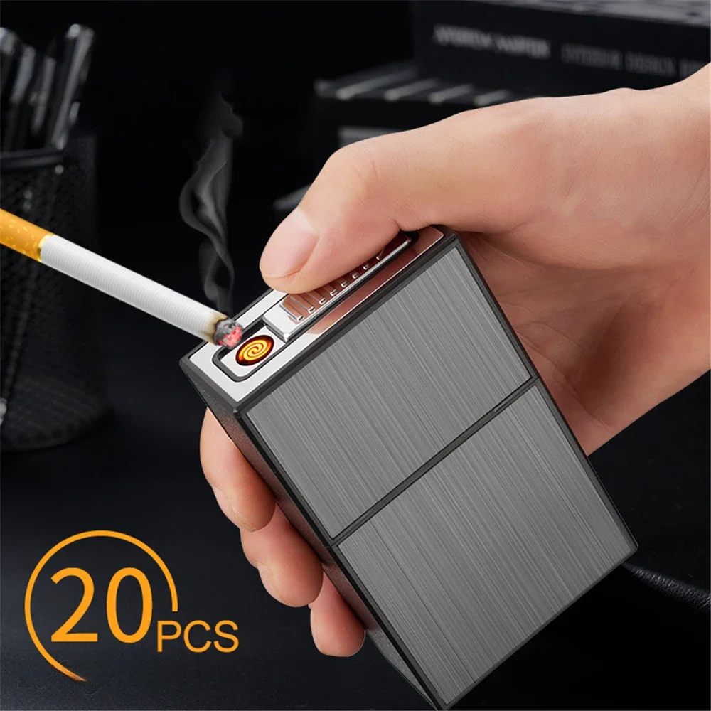 20 Sticks Cigarette Case Metal Lighter Turbo Butane Cigarette Capacity Gas Cigarette Lighter Gadget Lighter Box Men\'s Gift