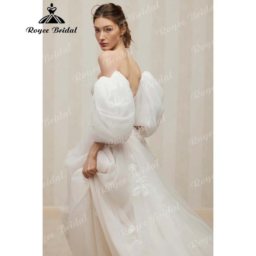 Off Shoulder Puff Bubble Sleeve A Line Tulle Wedding Dress 3D Floral Lace Appliqué Romantic Bridal Gown With Train Customized