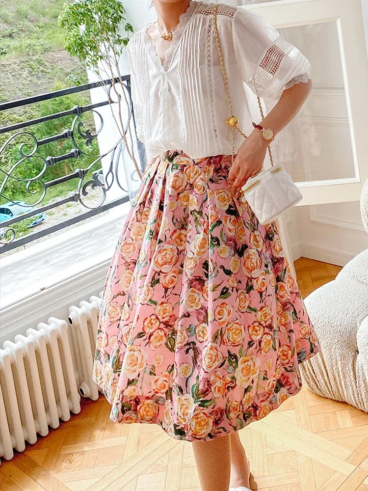 

GypsyLady Floral Print Midi Skirt Pink Flower Summer Women Long Skirts Ruffles Elastic Waist Holiday Female Ladies Chic Skirt