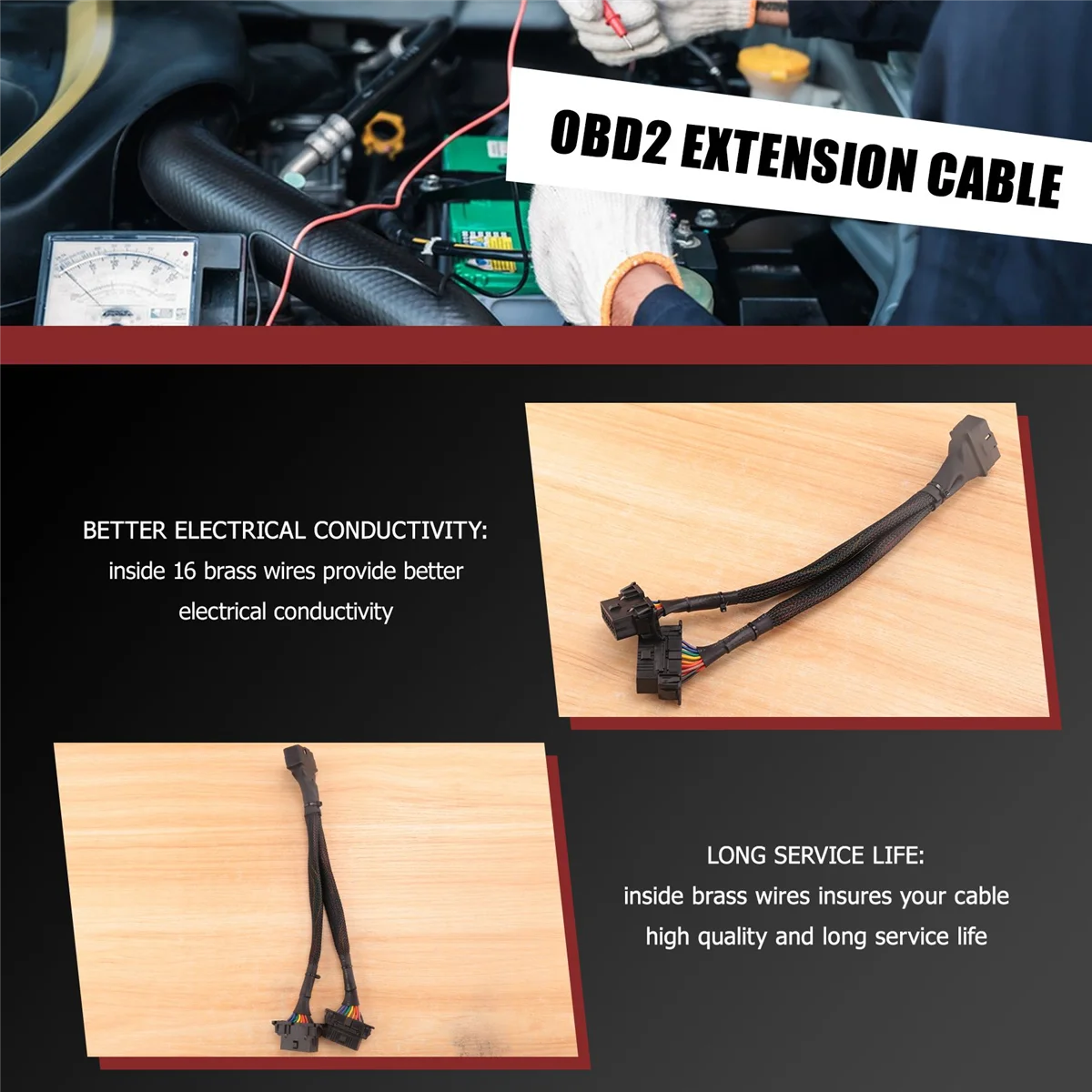 2 iN 1 OBD2 Extension Cable OBDII Male to 2 Female Splitter Car Computer Connection Conversion Plug Socket