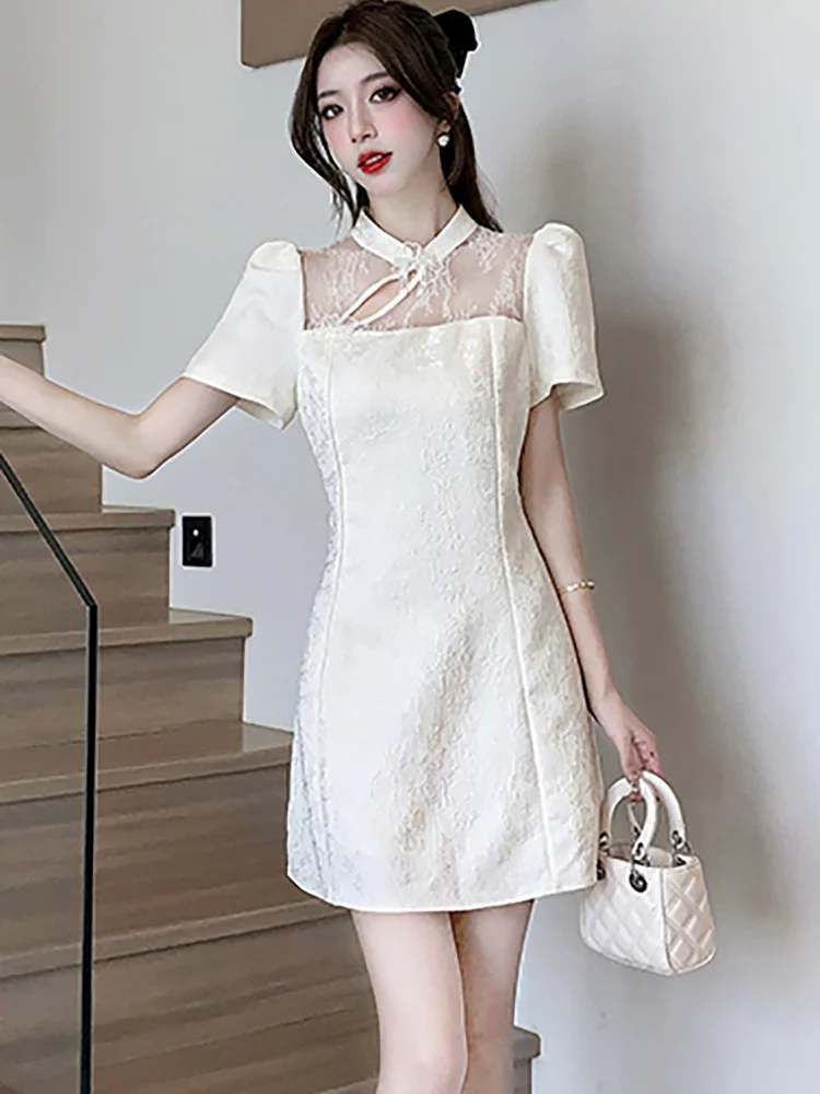 2025 blanc Jacquard Patchwork dentelle évider Sexy Mini robe femmes élégant décontracté maison robe été coréen moulante robe de soirée