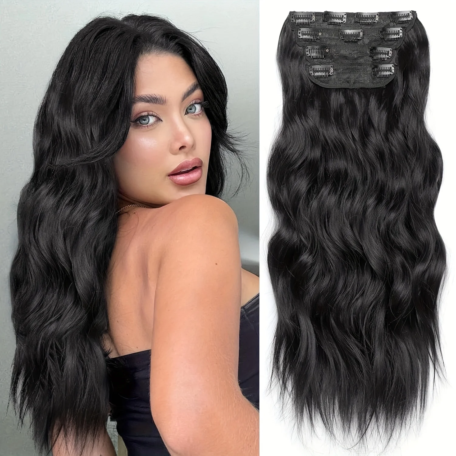 

Wavy Clip In Hair Extensions Long Synthetic Clip In Hair Extensions 4Pcs/Set Piece Thick Hairpieces Double Weft Wavy Hairpieces,