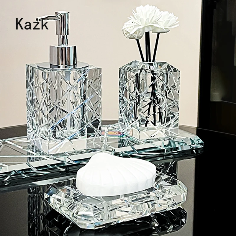 Light Luxury Crystal Bathroom Accessories High End Hotel Cutting Style Glass Toothbrush Holder Home Lotion Bottle Storage Tray