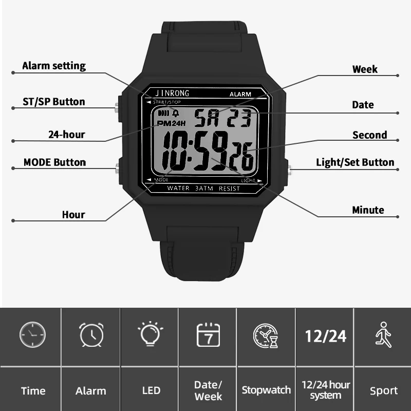 ساعة إلكترونية رياضية للطلاب كلاسيكية كلاسيكية مربعة للرجال متعددة الوظائف هدية عيد الحب