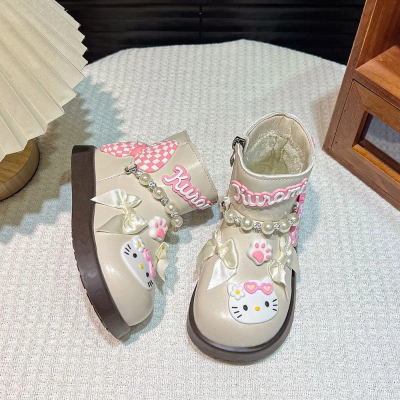

Кожаные ботинки Girly Heart Hello Kitty в стиле аниме Kawaii Sanrio, весна-осень 2023, новые повседневные туфли с милыми героями мультфильмов, подарки