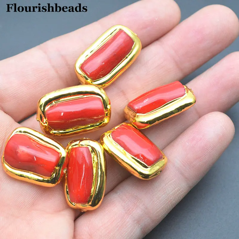 

5pc Gold Color Plated Cylinder Shape Red Sea Bamboo Coral Tube Stone Beads for Necklace Earrings Making