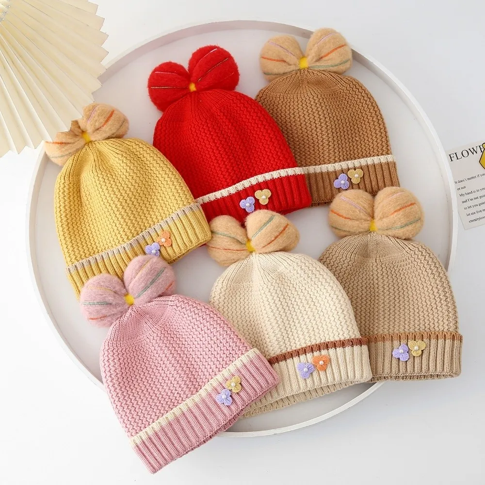 

Fashion Bow Beanie Bonnet Windproof Thicken Pullover Hat Cold Proof Warm Ear Protection Cap Baby