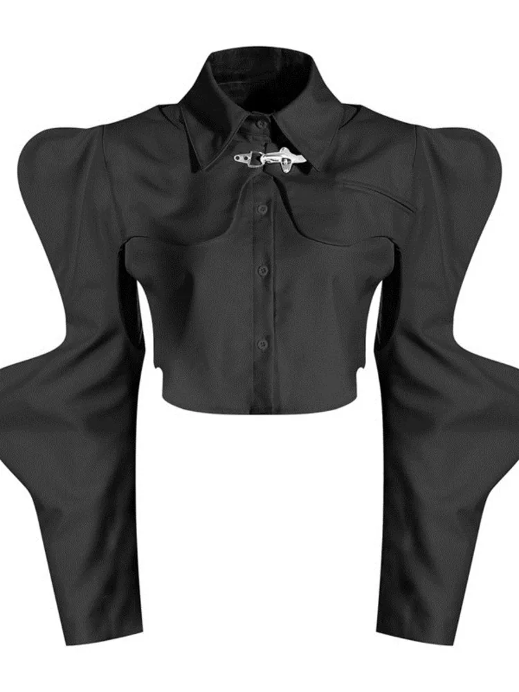 DEAT Casual Fashion Women\'s Shirt Lapel Sleeves Petal Sleeve Metal Button Solid Color Two Pieces Blouse Female Autumn 2024 WV333