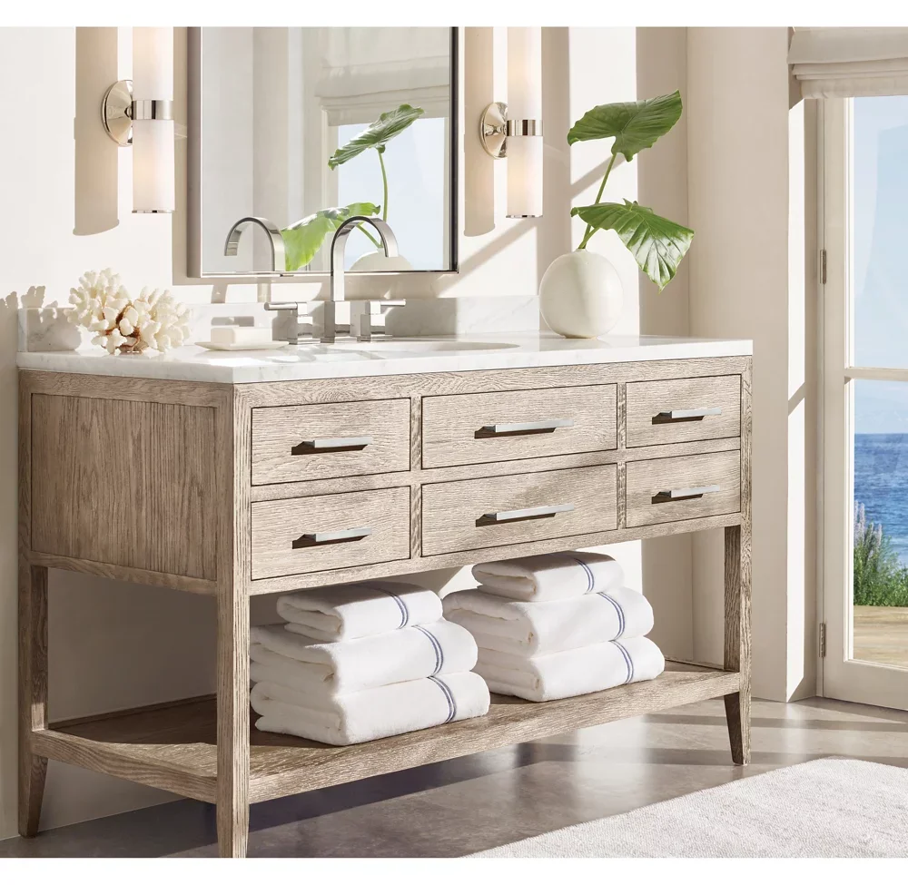 *White Oak Sandblasted Extra Wide Marble Countertop Single Basin Chrome Faucet Geometric Profile Bathroom Vanity