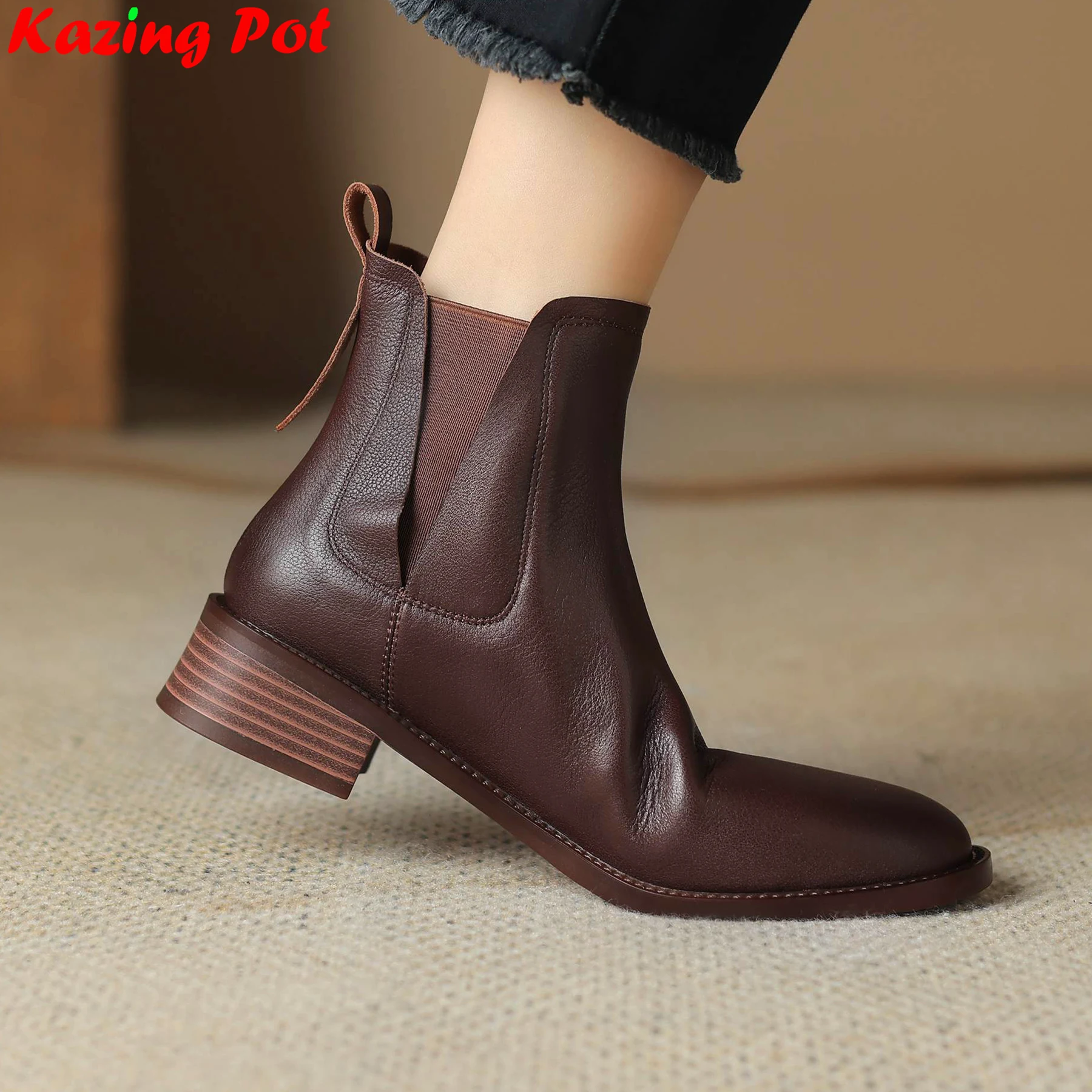 

Krazing Pot Plus Size 34-43 Cow Skin Round Toe Med Heels Modern Chelsea Boots Warm Winter Shoes Dating Retro Brand Ankle Boots