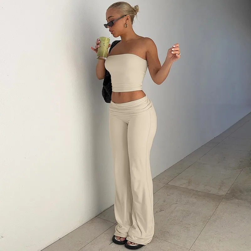 

2-Piece Crop Top and Pleated High-Waisted Flared Pants Suit for Women, White Casual Streetwear, Fall Fashion, 2024