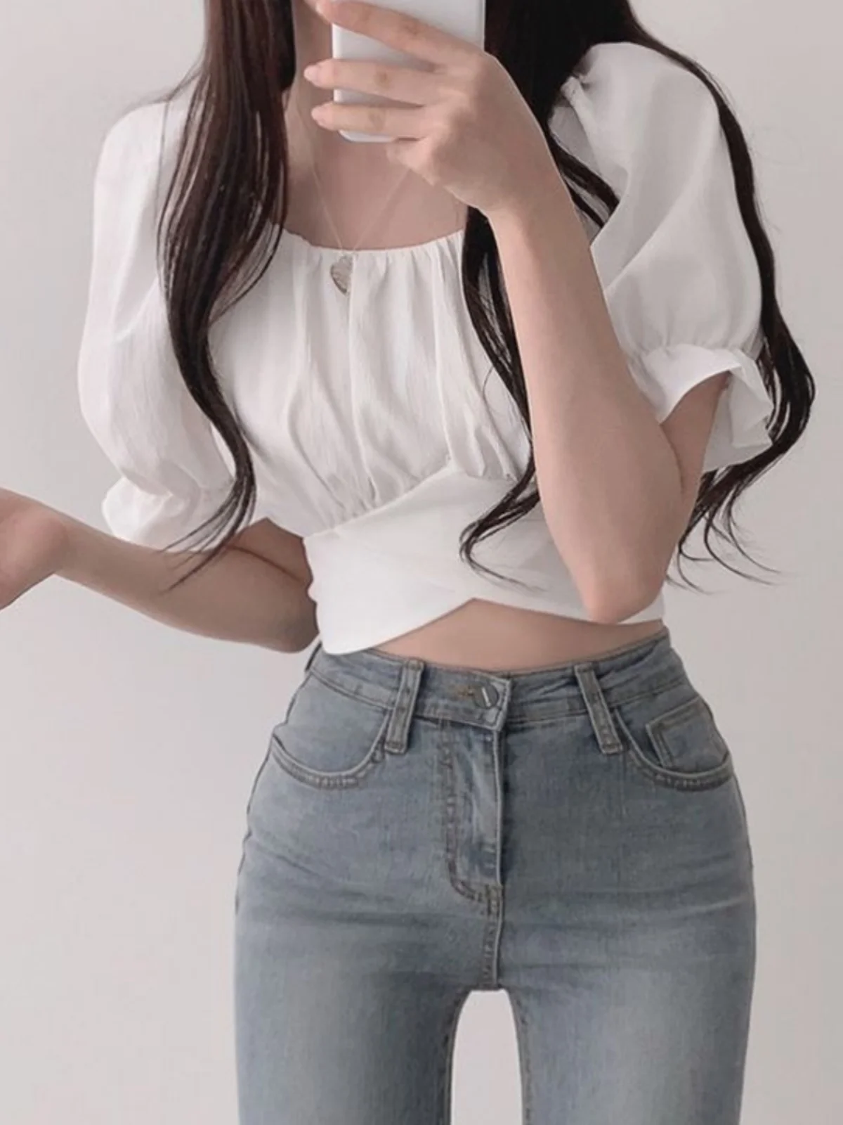 Zomer Vintage vierkante kraag taille cinched knoop Bubble Sve Top damesontwerp ort irt Koreaanse Sle hoge taille