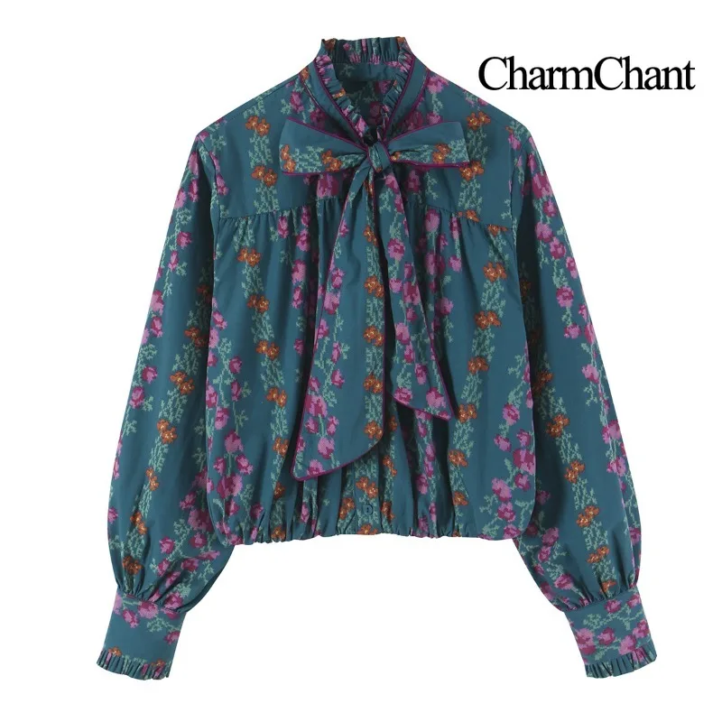 CHARMCHANT Women's Teal Floral Blouse Ruffled Stand Collar Self-tie Bow Gathered Front Balloon Sleeve Cuffed Hem 2026