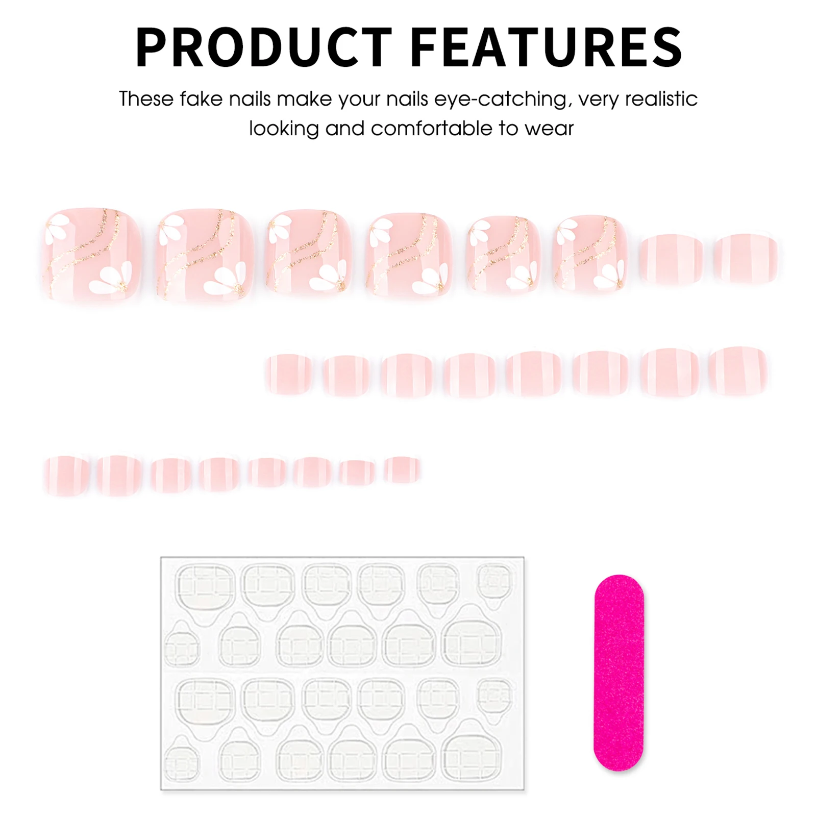 Naakt Roze Kleur Nep Teennagels 24 Stuks Eenvoudige Charme Druk Op Tenen Nagels Bloem Gedrukt Witte Franse Tip Herbruikbare Valse nagels