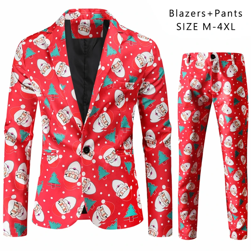 Christmas 2 Piece Set Funny Xmas Cartoon Print Men Suit Jacket and Trousers Fashion New Year Party Dress Up Wear Large Size 4XL