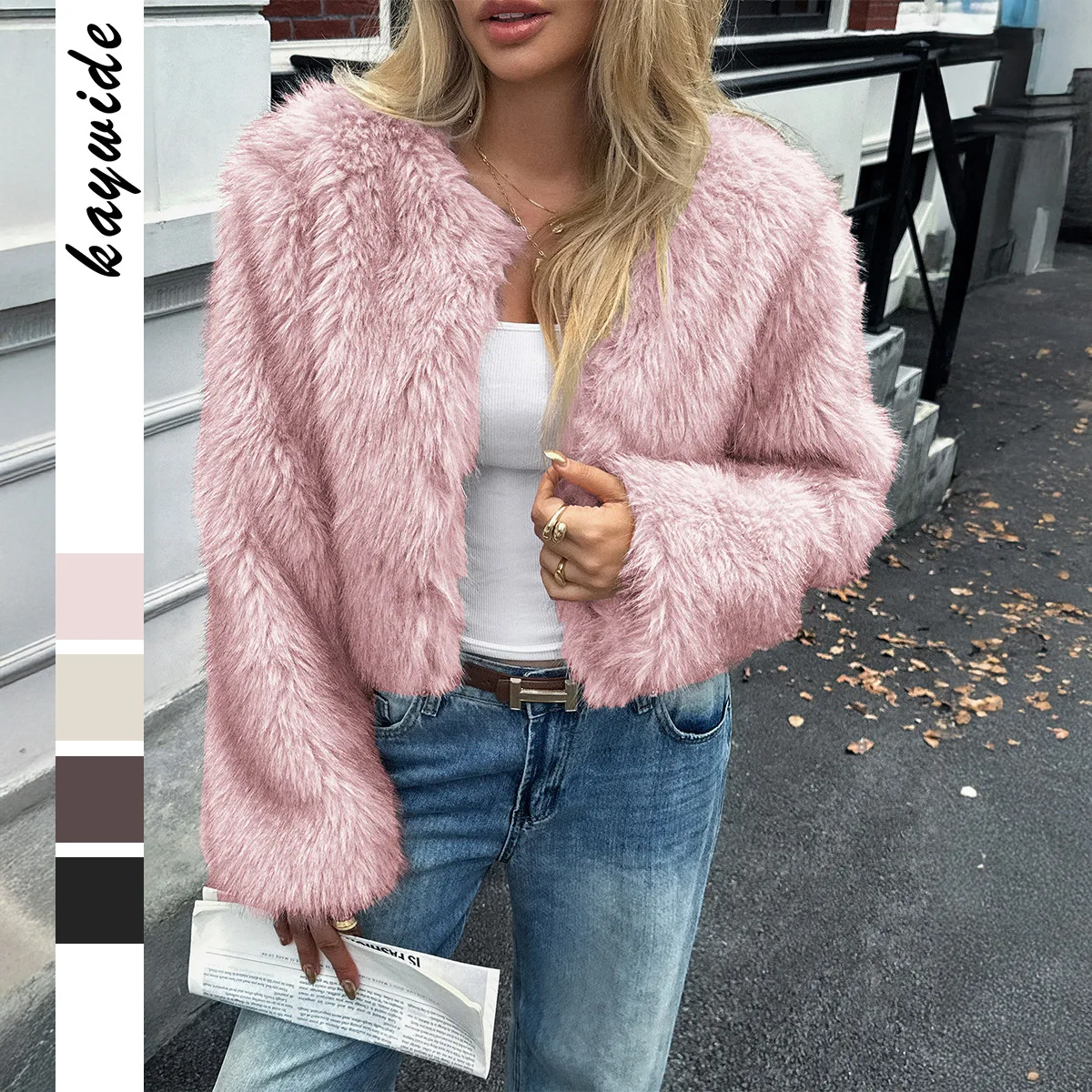 

Осенне-зимняя женская короткая шуба на флисовой подкладке с круглым вырезом и длинными рукавами, однотонная удобная повседневная женская куртка в курортном стиле