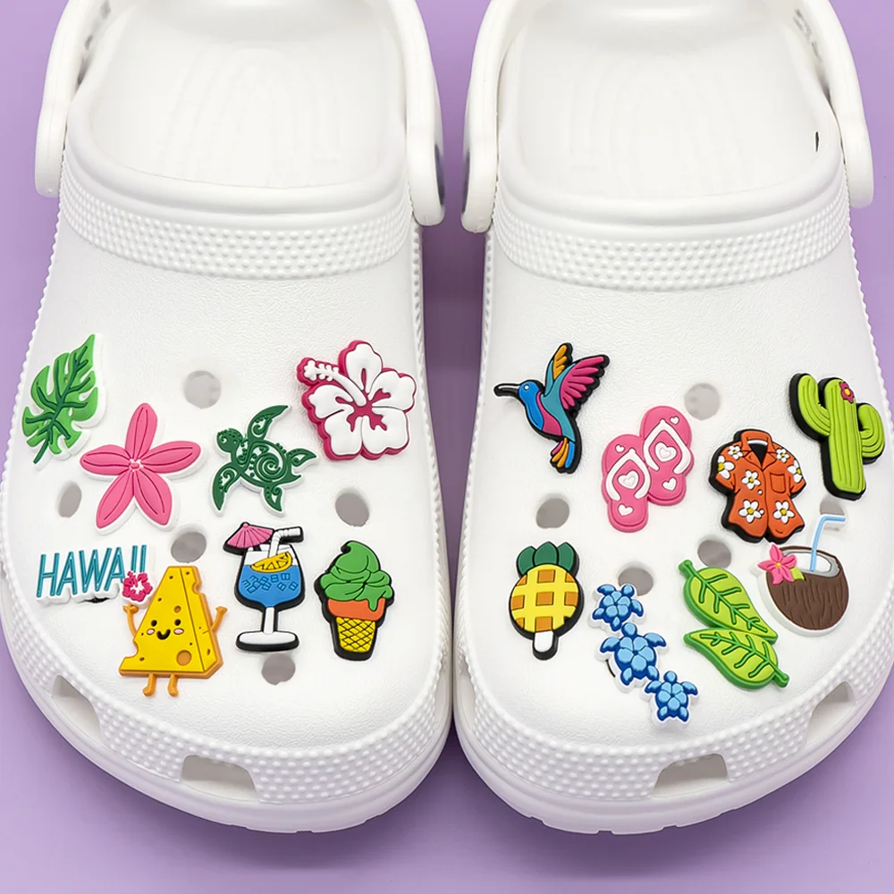 1-30PCS Cool Hawaiian Style Shoe Charms,Beach Waves Flower Pins for Shoes,Rainbow Ice Cream Animals Clog Buckle Accessories