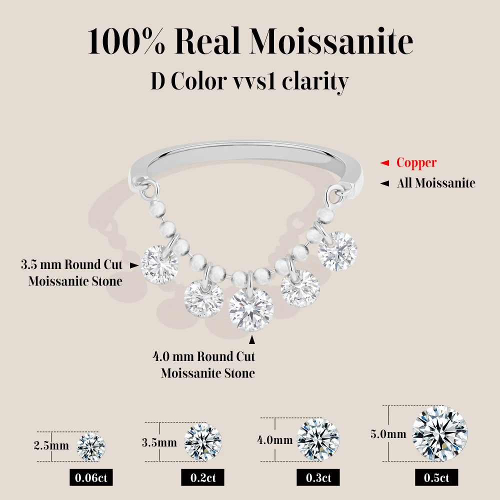 MINTYBOX S925 Silver Round Drilled Moissanite Rings Copper Bead Chain Dangle Ring for Women Men Dainty Daily Wear Office Jewelry