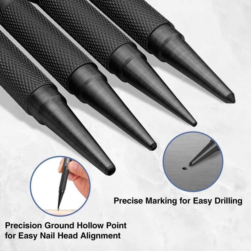 4-Pack Nail Punch & Center Punch Set – Hardened Cr-V Steel With Non-Slip Knurled Handle (1/32, 1/16, 3/32 Nail Setter + 1/8 Center Punch)