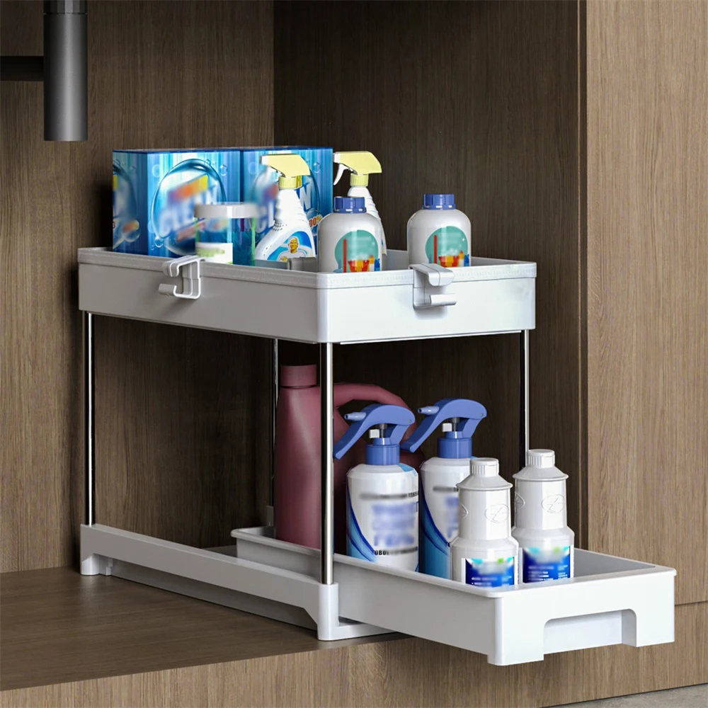 

Kitchen Under Sink Organizer Under Sink Bathroom Storage Shelves 2 Tier Storage Rack with Hooks For Collection Organizer Baskets