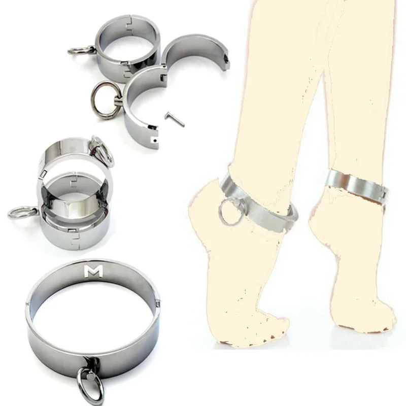 Heavy Metal Steel Slave BDSM Bondage Lock Circular Wrist Handcuffs Ankle Cuffs Neck Collar Shackles Adult Sex Toys Men Women