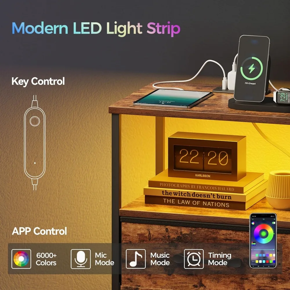 طقم منضدة مكونة من قطعتين، حامل ليلي مع قاعدة شحن وأضواء LED، طاولة بجانب السرير مع درجين قماشين لغرفة النوم، مقاس صغير