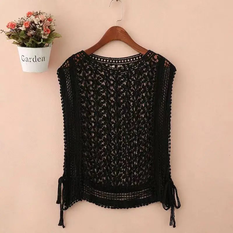 Summer Women Short Knitted Vest Shirt Round Neck Hook Flower Hollow Out Tank Top Lace Drawstring Pullovers Blouse