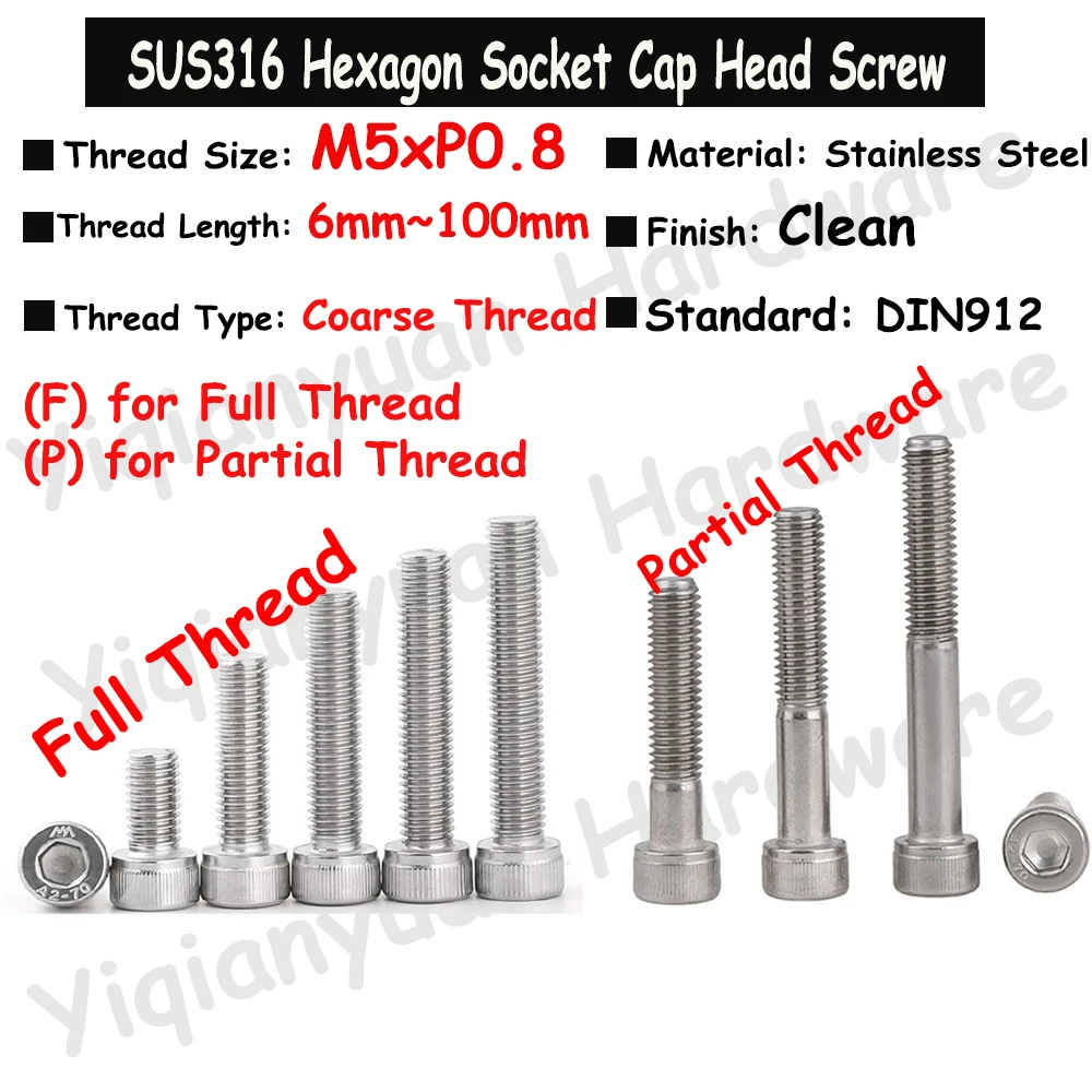 Yiqianyuan DIN912 SUS316 Stainless Steel Hex Socket Knurled Cap Head Screws M5xP0.8 Allen Key Bolts Full/Part Threaded
