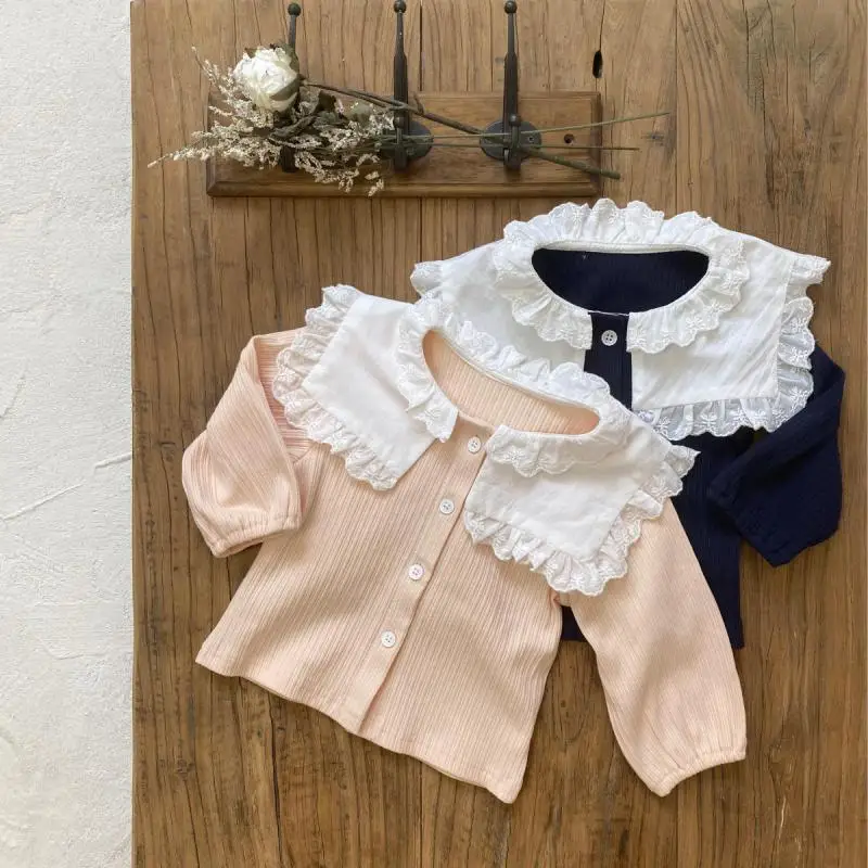 

2024 Autumn New Baby Girl Long Sleeve Ribbed Coat Cotton Girls Cute Lace Large Lapel Cardigan Infant Toddler Solid Casual Jacket