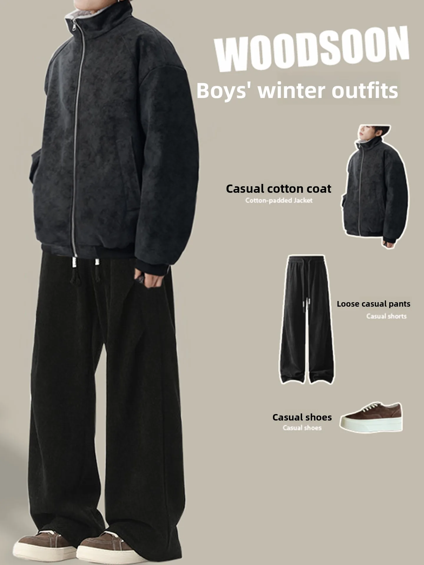 Setelan Pakaian Musim Dingin Pria Trendy dan Keren dari Katun dengan Kerah Berdiri dan Lapisan Bulu Imitasi Amerika