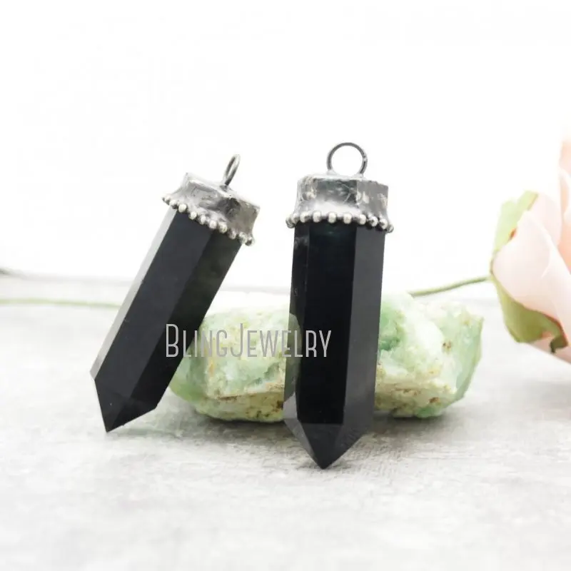 PM42406 Black Obsidian Point Crystal Tower Necklace Pendant Obelisk   Pendulum Talisman