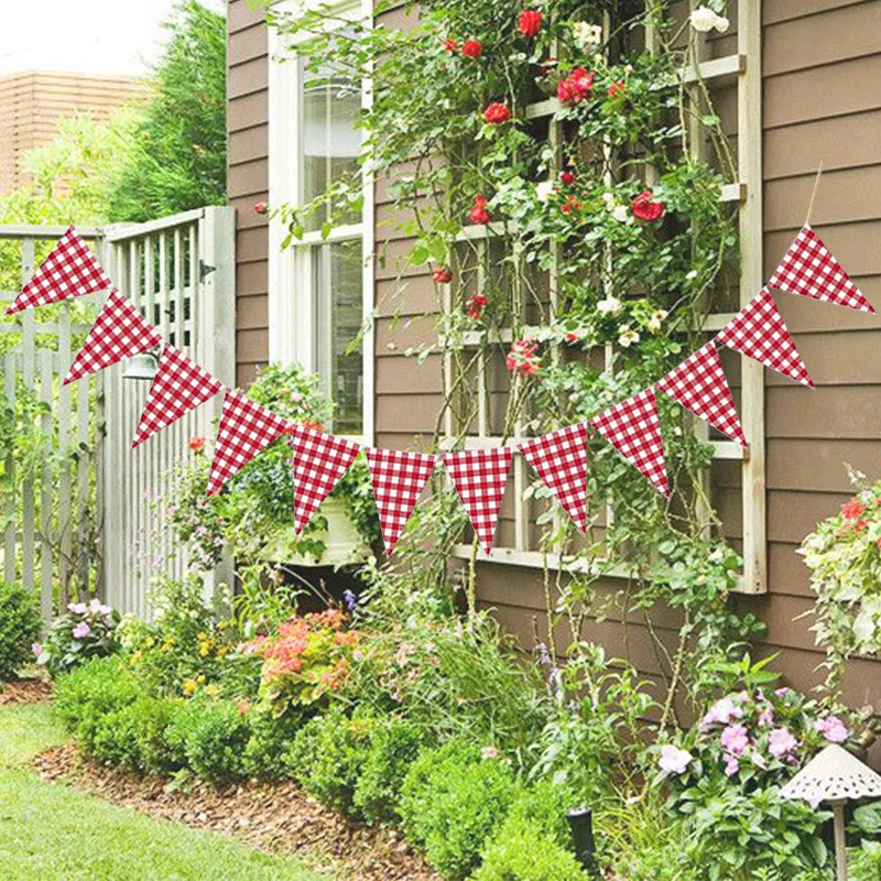 Red White Fabric Plaid Checkered Triangle Flag Pennant Garland Wedding Birthday Carnival Picnic Outdoor Party Bunting Decoration