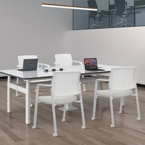 Mesh Back Guest Reception Stacking Chair with Wheels, Waiting Room Stackable Chairs with Upholstered Leather Seat &