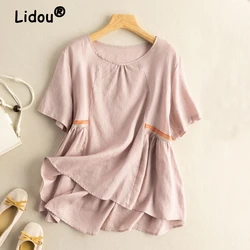 Korean Striped Patchwork Round Neck Irregular Cotton Linen Tops Blouses for Women Summer Simple Casual Loose Short Sleeve Shirts